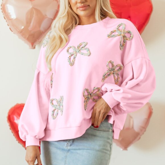 Light Pink Embroidered Bow Lantern Sleeve Oversized Pullover Sweatshirt - Picture 9 of 10